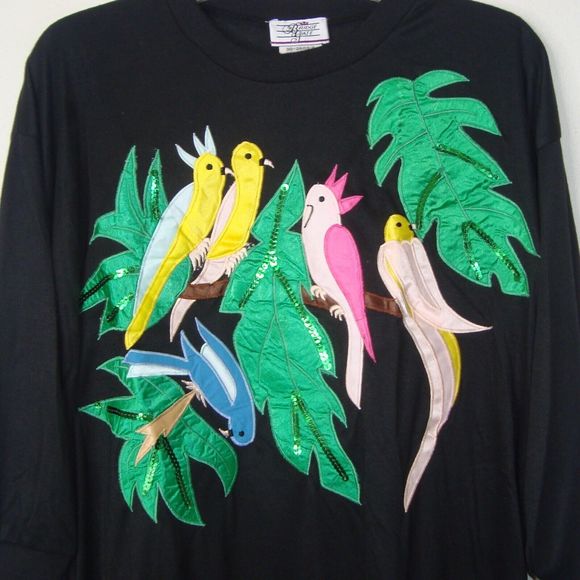 Bridge Gate Tropical Birds Sequins Applique 3/4 Sleeve Tunic Top* Size L - Picture 3 of 7